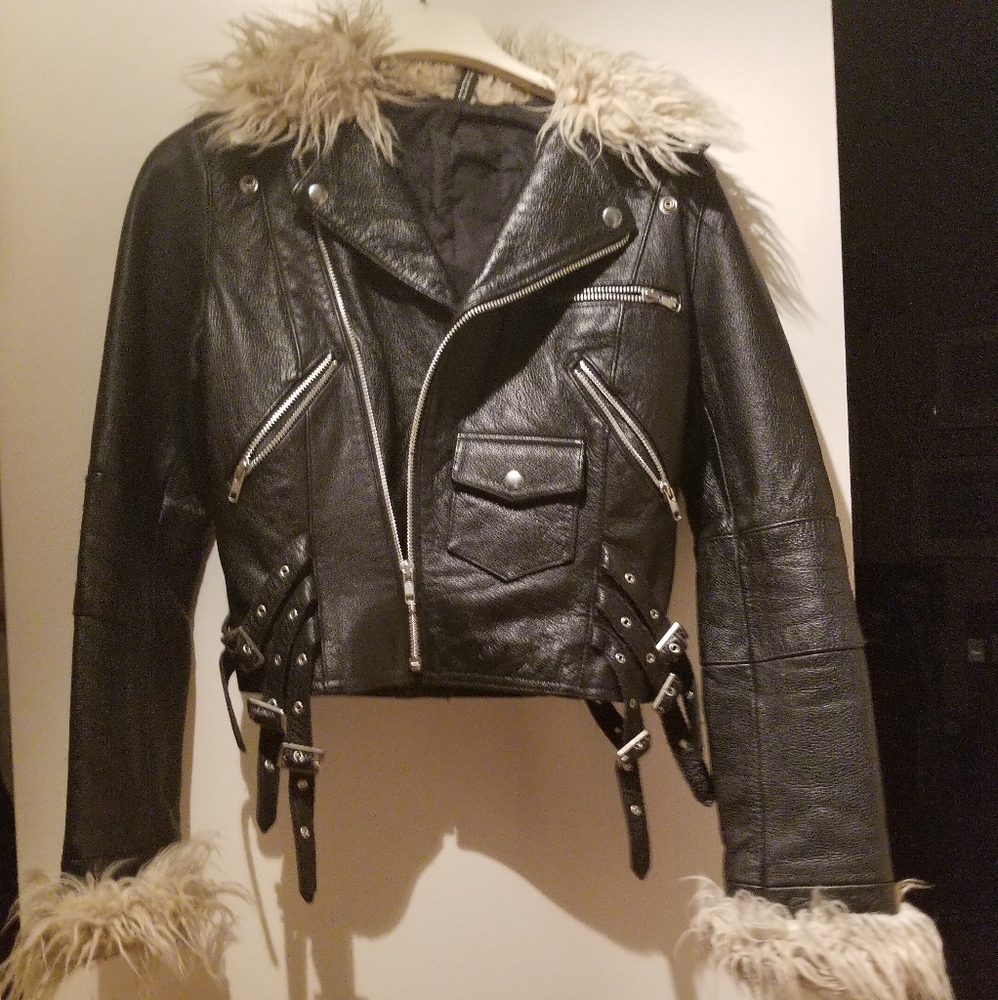 H&M Divided Genuine Leather Motorcycle Jacket With Faux Fur Collar and Cuffs